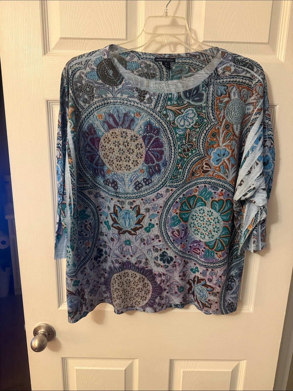 Paisley-Print Long Sleeve Tee in Blue by Westbound Woman
